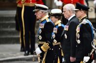 <p>TOPSHOT - Britain's King Charles III, Britain's Princess Anne, Princess Royal, Britain's Prince Andrew, Duke of York and Britain's Prince Edward, Earl of Wessex arrive at Westminster Abbey in London on September 19, 2022, for the State Funeral Service for Britain's Queen Elizabeth II. - Leaders from around the world will attend the state funeral of Queen Elizabeth II. The country's longest-serving monarch, who died aged 96 after 70 years on the throne, will be honoured with a state funeral on Monday morning at Westminster Abbey. (Photo by Marco BERTORELLO / AFP) (Photo by MARCO BERTORELLO/AFP via Getty Images)</p> 