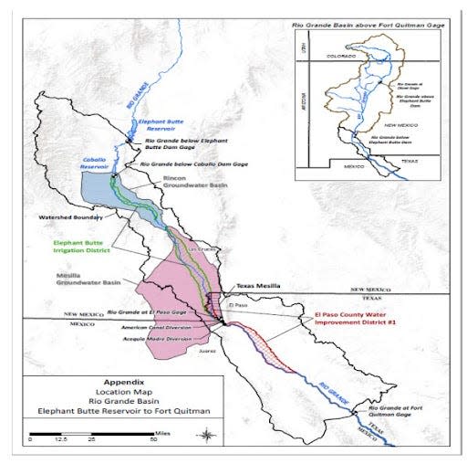 Courtesy photo showing the both Elephant Butte Reservoir, where Texas’ Rio Grande water is currently stored to new location to measure New Mexico’s compliance with delivering water at the existing El Paso Gage, just over 100 miles downstream.