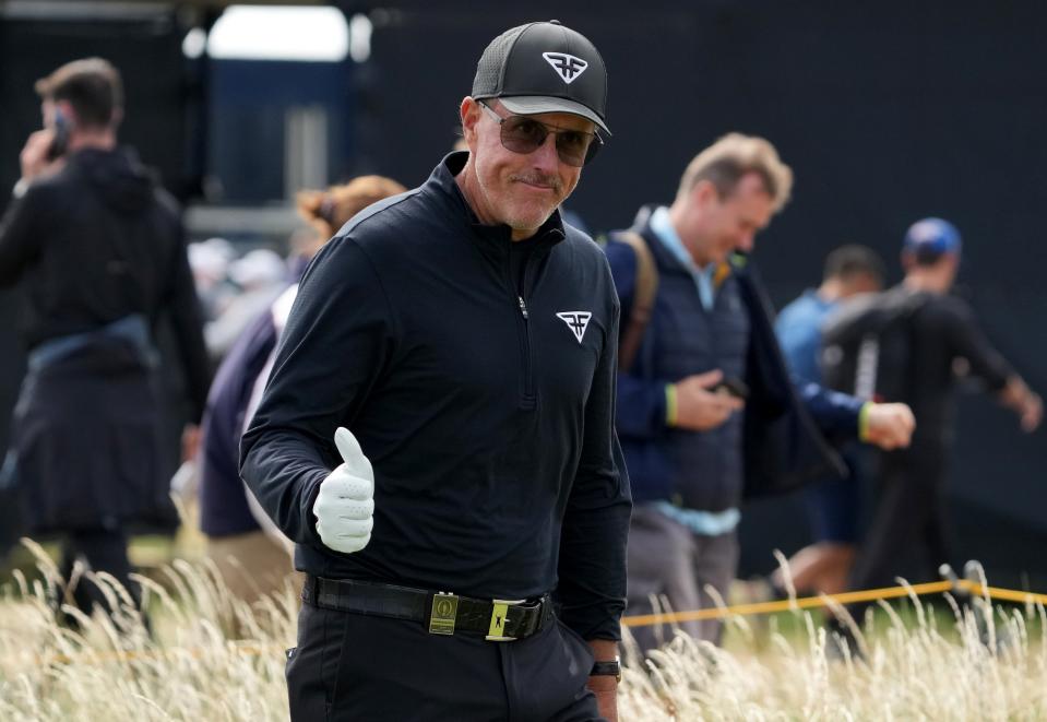 Phil Mickelson reacts to the crowd on July 21 during the second round of The Open Championship at Royal Liverpool in Hoylake, England.