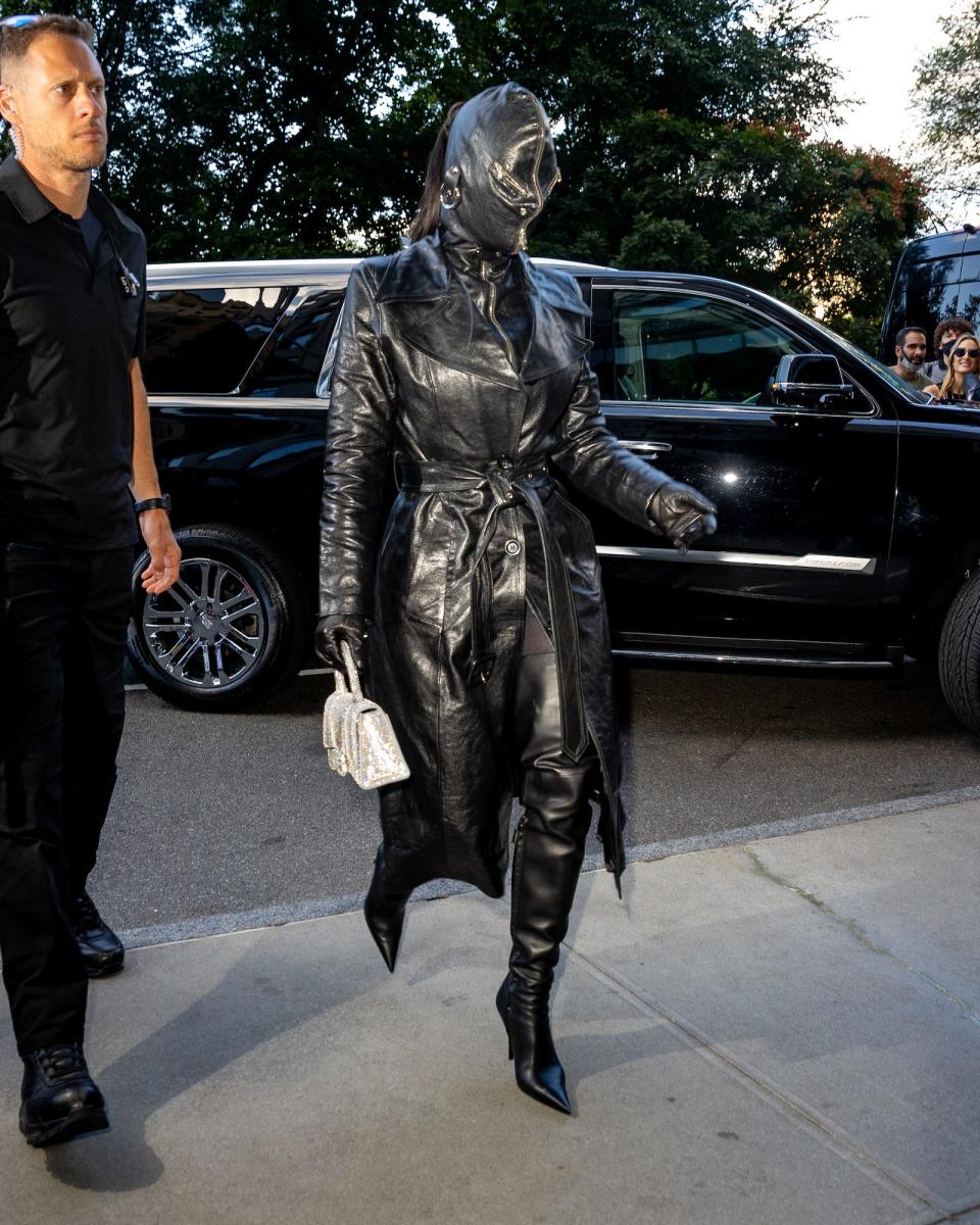 Kim Kardashian wears leather from head to toe in New York City.