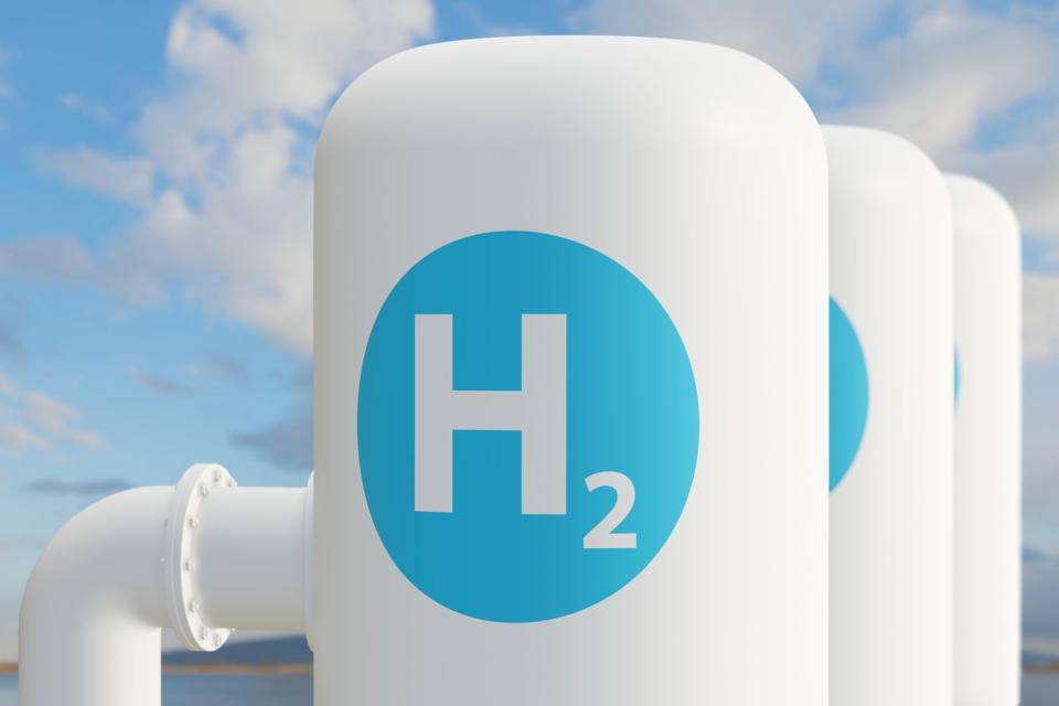 Hydrogen tanks against a blue sky. 