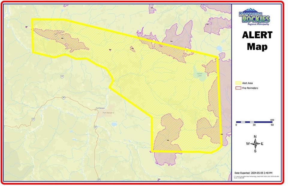 An evacuation alert map that was posted on the Northern Rockies Regional Municipality website.