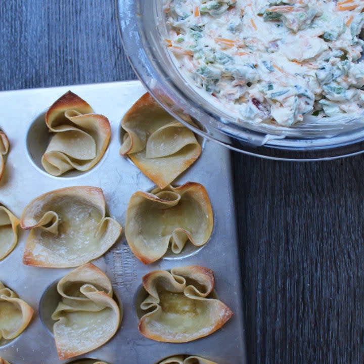 Wonton cups in muffin tin