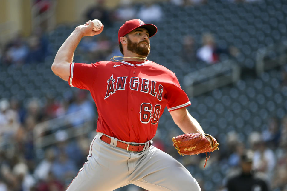 Los Angeles Angels pitcher Andrew Wantz throws against the Minnesota Twins during the first inning of a baseball game Sunday, Sept. 24, 2023, in Minneapolis. (AP Photo/Craig Lassig)