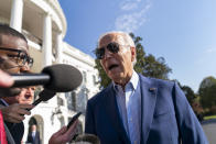 FILE - President Joe Biden speaks to members of the media before he boards Marine One on the South Lawn of the White House in Washington, Nov. 9, 2023. Biden has a lot of unfinished business from his first term that he intends to continue if reelected.(AP Photo/Andrew Harnik, File)