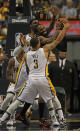 INDIANAPOLIS, IN - MAY 20: George Hill #3 and Roy Hibbert #55 of the Indiana Pacers pressure Ronny Turiaf #21 of the Miami Heat in Game Four of the Eastern Conference Semifinals in the 2012 NBA Playoffs at Bankers Life Fieldhouse on May 20, 2012 in Indianapolis, Indiana. NOTE TO USER: User expressly acknowledges and agrees that, by downloading and/or using this photograph, User is consenting to the terms and conditions of the Getty Images License Agreement. (Photo by Jonathan Daniel/Getty Images)