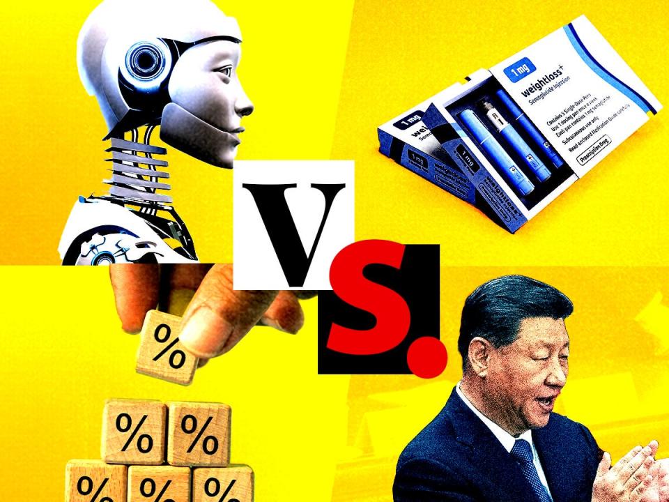 A grid with images representing AI, weight-loss drugs, US-China relations, and interest rates.