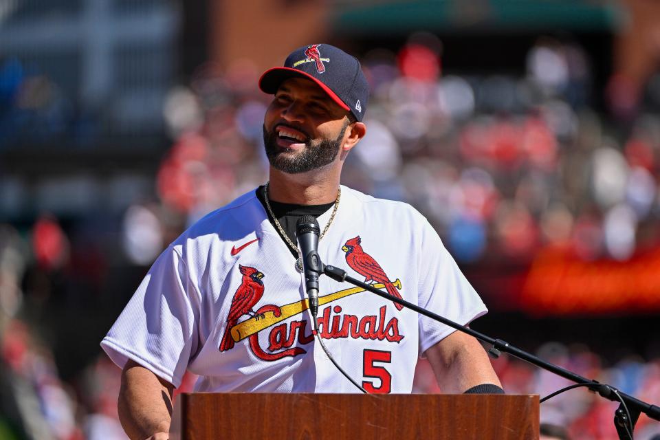 Albert Pujols speaks to the crowd during a farewell ceremony at Busch Stadium.