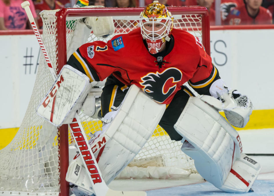 CALGARY, AB – APRIL 17: Calgary Flames Goalie Brian Elliott (1) on guard during a game during game 3 of the first round of the Stanley Cup Playoffs between the Anaheim Ducks and the Calgary Flames on April 17, 2017, at the Scotiabank Saddledome, in Calgary AB. (Photo by Jose Quiroz/Icon Sportswire via Getty Images)