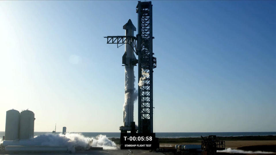 SpaceX's  towering Starship rocket stands fueled for launch on its maiden flight  to space Monday at the company's Boca Chica, Texas, flight test facility  - Starbase - on the Texas Gulf Coast. A first stage pressurization  problem triggered a scrub and a minimum 48-hour delay. / Credit: SpaceX