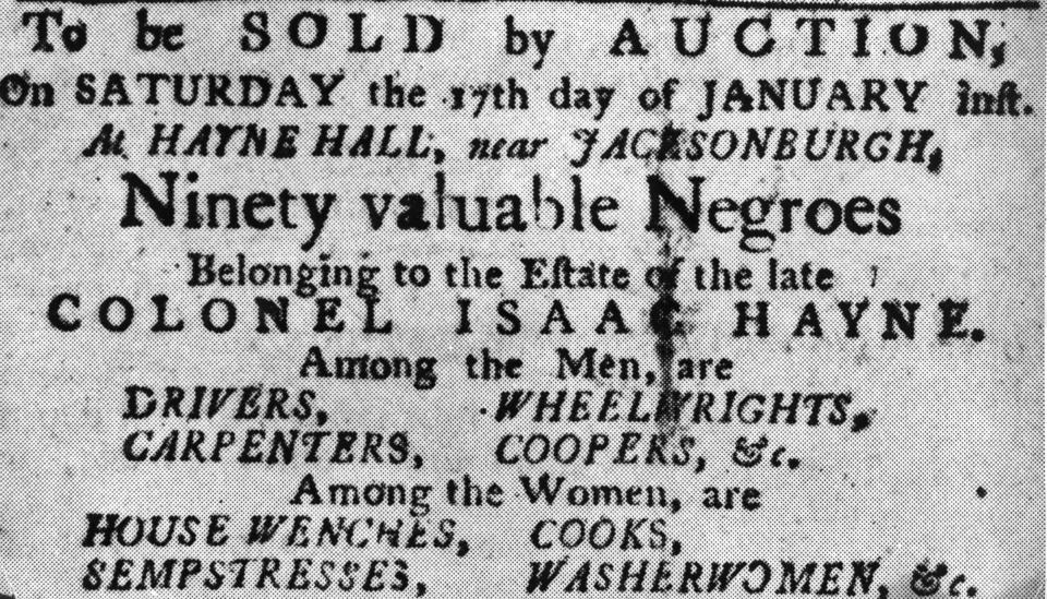 A poster for a January 1850 auction of 90 enslaved people. (Photo: Hulton Archive via Getty Images)