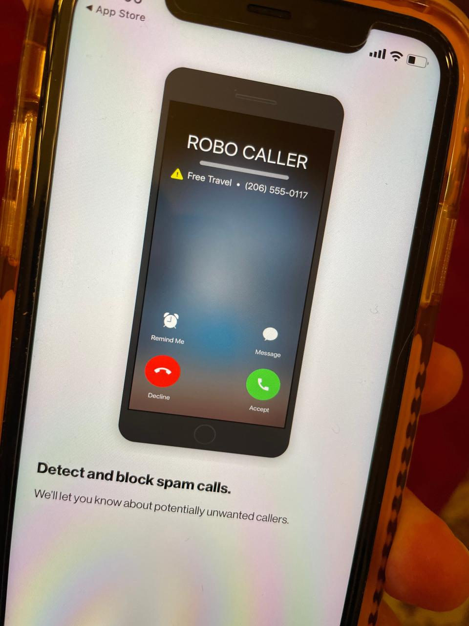 A robocall blocking software app to detect and block spam calls on Verizon Wireless smartphone.