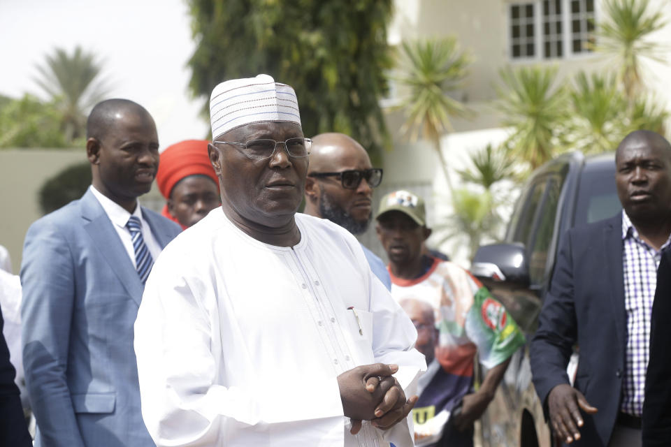 Nigerian presidential candidate, Atiku Abubakar, of the People's Democratic Party, speaks to journalists after the presidential election was delayed by the Independent National Electoral Commission, at his residence in Yola, Nigeria Saturday, Feb. 16, 2019. A civic group monitoring Nigeria's now-delayed election says the last-minute decision to postpone the vote a week until Feb. 23 "has created needless tension and confusion in the country." (AP Photo/Sunday Alamba)