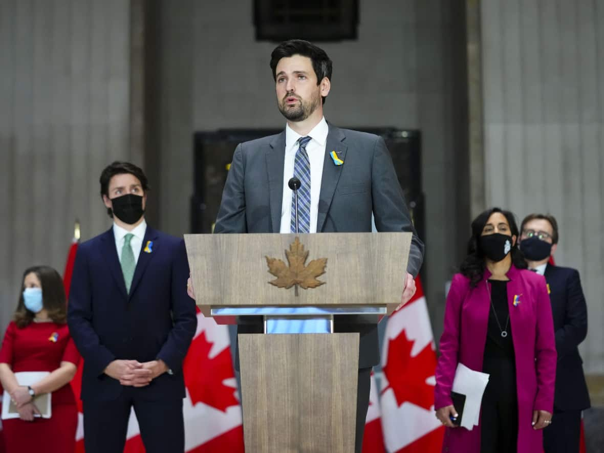 Minister of Immigration, Refugees and Citizenship Sean Fraser speaks during a press conference in Ottawa on Feb. 28. On Thursday, he announced new programs that will allow more Ukrainians who are fleeing war to come to Canada. (Sean Kilpatrick/The Canadian Press - image credit)