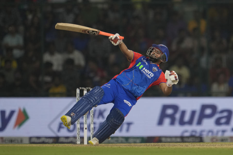 Delhi Capitals' captain Rishabh Pant fumbles as he tries to play a shot during the Indian Premier League cricket match between Delhi Capitals and Lucknow Super Giants in New Delhi, India, Tuesday, May 14, 2024.(AP Photo/Manish Swarup)