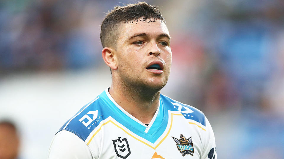 Ash Taylor is seen here during an NRL game for the Gold Coast Titans.