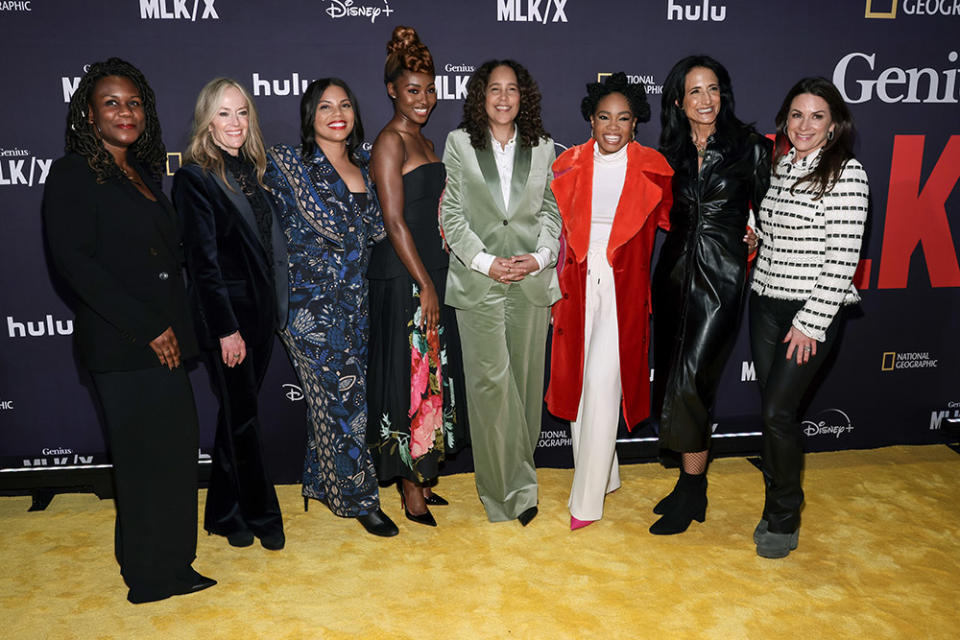 (L-R) Nicole Scott, Karey Burke, Channing Godfrey People, Jayme Lawson, Gina Prince-Bythewood, Weruche Opia, Francie Calfo and Courteney Monroe attend the National Geographic's "Genius: MLK/X" Premiere at the National Museum Of African American History & Culture on January 25, 2024 in Washington, DC.