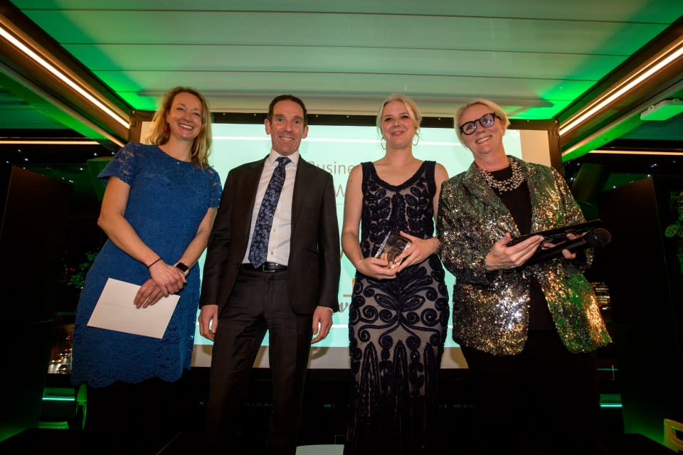 Business of the Year Award sponsored by Progress Together goes to PwC . From left to right Sophie Hulme of Progress Together, Lynne Baber, Head of Sustainability Practice PwC and Julia Streets, Awards Host