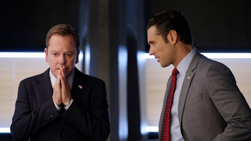 Tom Kirkman (Kiefer Sutherland) and Aaron Shore (Adan Canto) speak during a scene from 'Designated Survivor' 