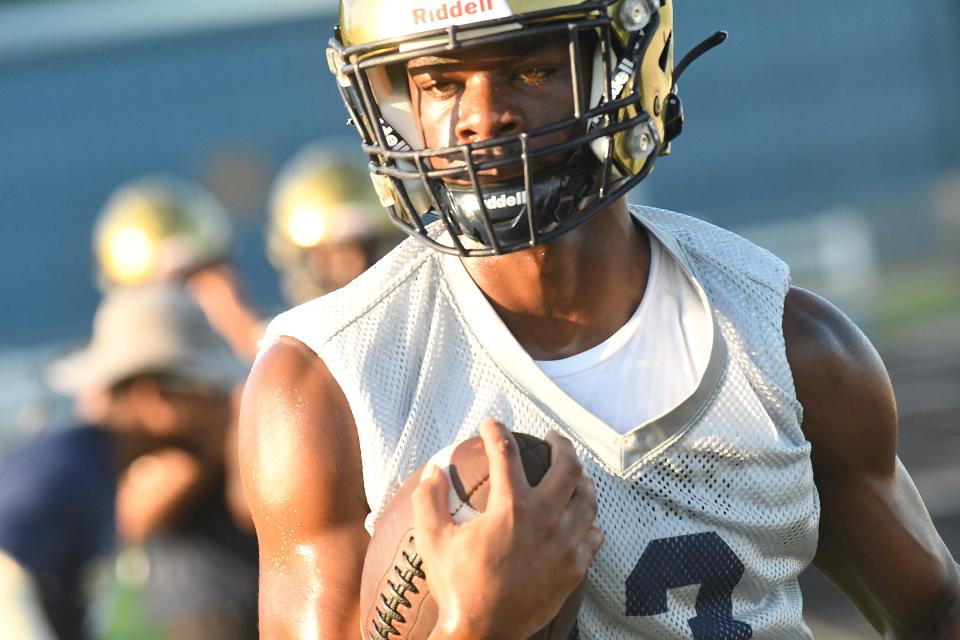 North Brunswick's Eric Mosley goes through drills Tuesday Aug. 1, 2023 in Leland, N.C. High School football kicked off this week with coaches and players hitting the practice fields across the area. KEN BLEVINS/STARNEWS