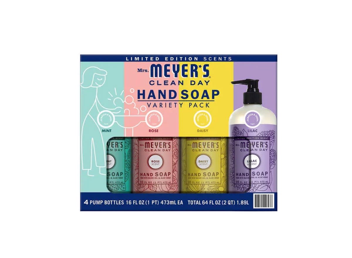 mrs meyers hand soap variety pack on a white background.