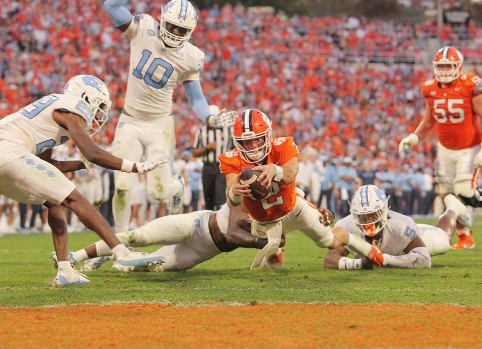 Clemson quarterback Cade Klubnik (2) dives for a touchdown against North Carolina during first-half action in Clemson, S.C. on Saturday, Nov.18, 2023.