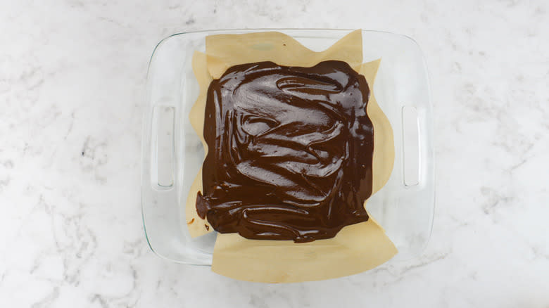 Chocolate Peanut Butter Keto Fudge in pan