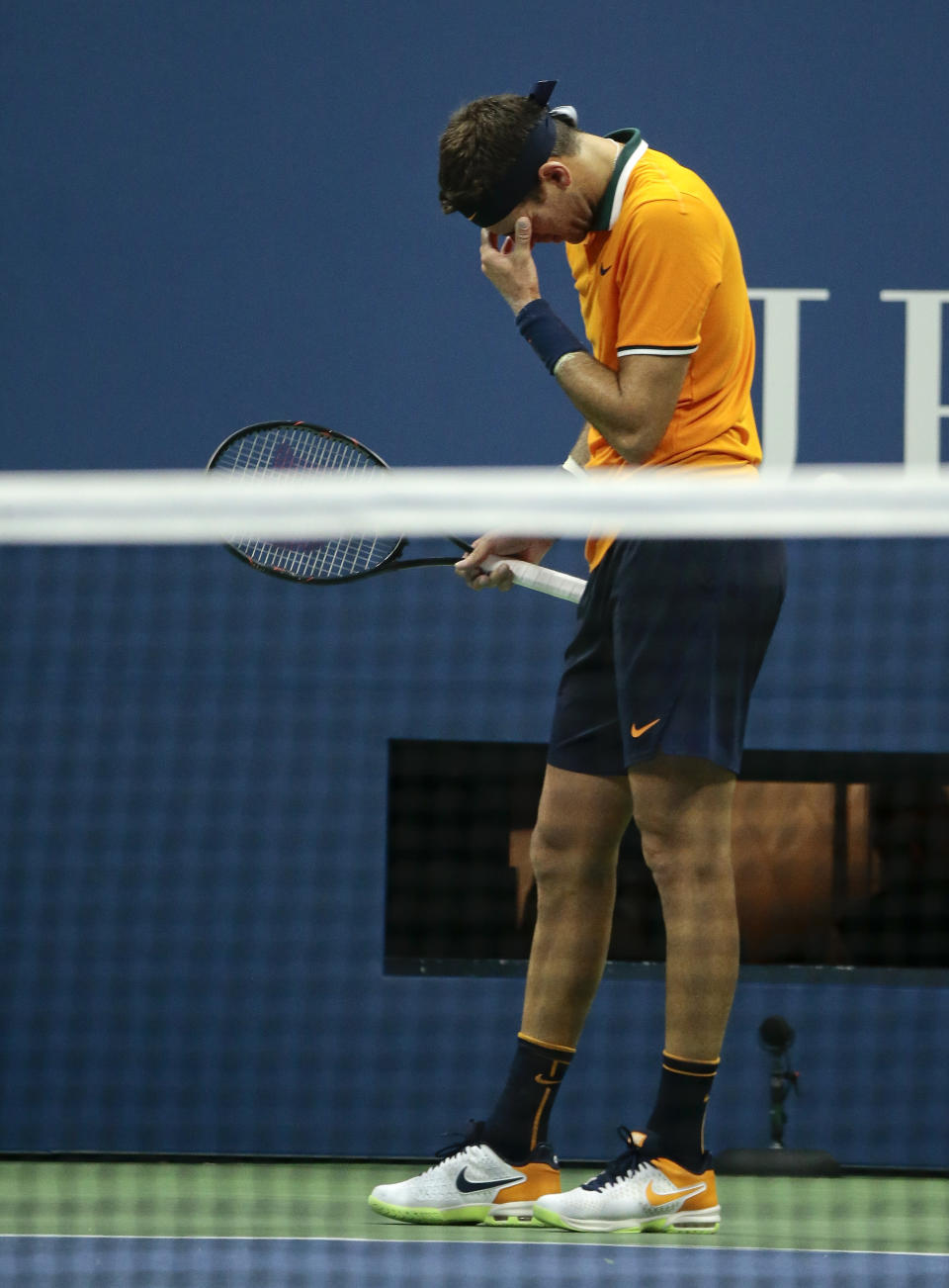 Juan Martin del Potro, of Argentina, reacts after missing a shot against Novak Djokovic, of Serbia, during the men's final of the U.S. Open tennis tournament, Sunday, Sept. 9, 2018, in New York. (AP Photo/Andres Kudacki)