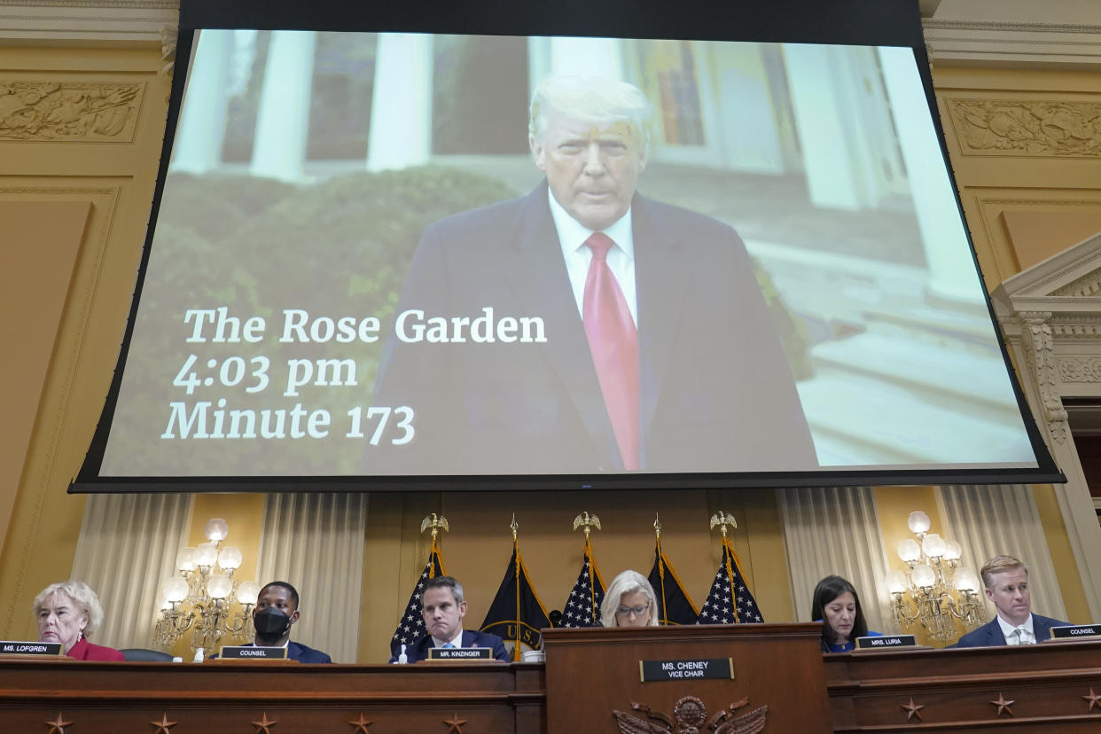 A video of then President Donald Trump recording a statement in the Rose Garden of the White House on Jan. 6, 2021, is played as the House select committee investigating the attack on the U.S. Capitol holds a hearing in Washington. (Patrick Semansky/AP)