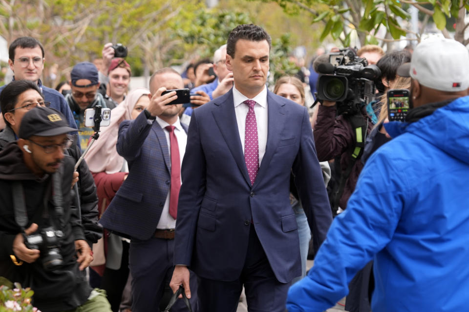 Attorney for Ippei Mizuhara, Michael G. Freedman, leaves federal court in Los Angeles on Friday, April 12, 2024. A federal judge on Friday ordered the former longtime interpreter for Los Angeles Dodgers star Shohei Ohtani released on $25,000 bond and mandated he undergo gambling addiction treatment. (AP Photo/Damian Dovarganes)