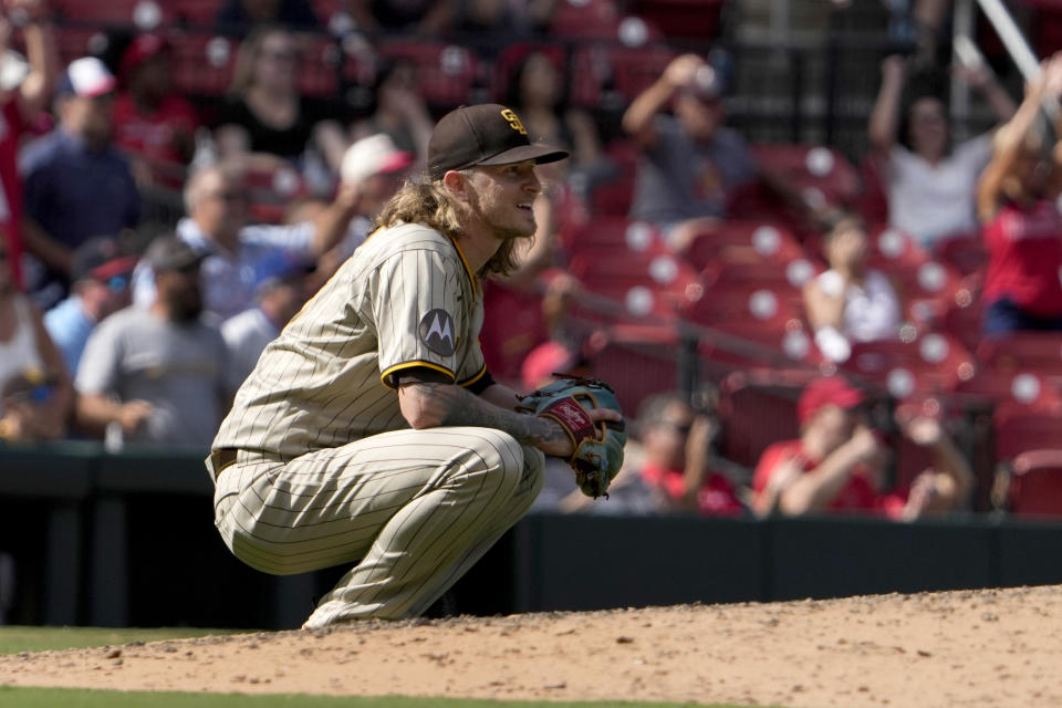 San Diego Padres relief pitcher Josh Hader reacts as he watches a walk-off two-run home run by St. Louis Cardinals' Tommy Edman to end a baseball game Wednesday, Aug. 30, 2023, in St. Louis. The Cardinals won 5-4. (AP Photo/Jeff Roberson)