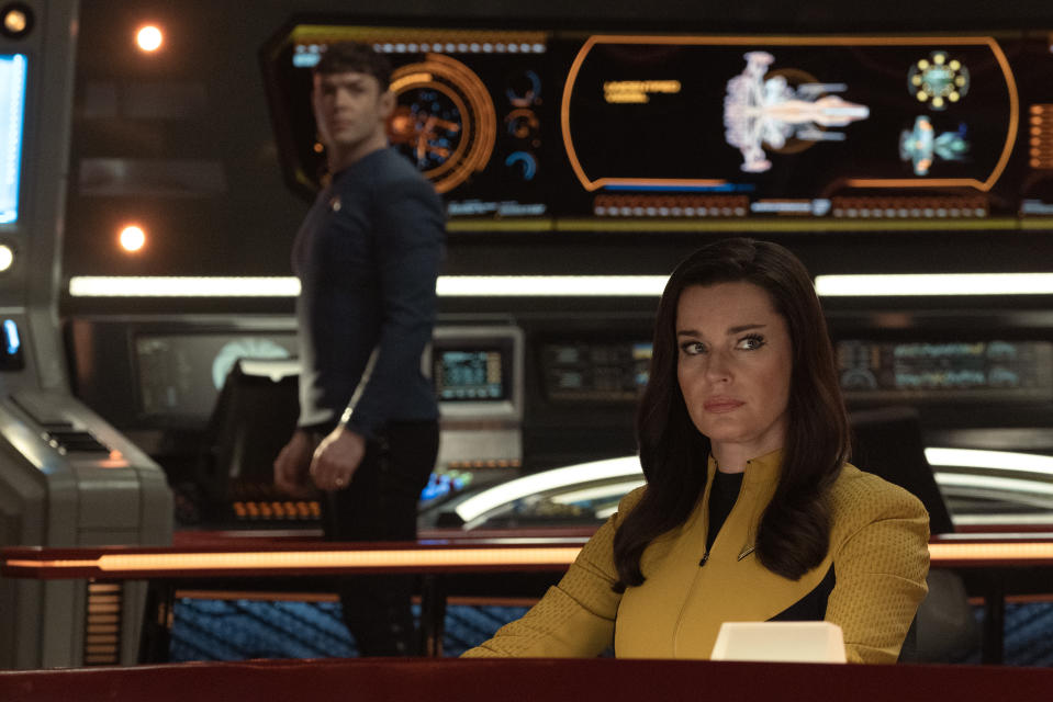 Ethan Peck as Spock and Rebecca Romijn as Una in Star Trek: Strange New Worlds. (Paramount+)