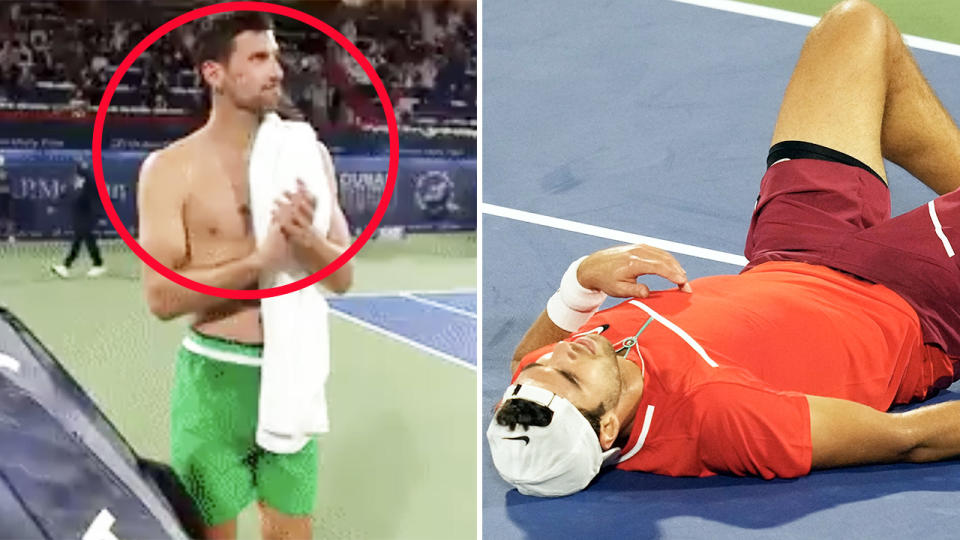 Novak Djokovic, pictured here stopping his celebrations to clap Karen Khachanov off the court in Dubai.