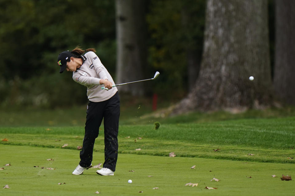 Lydia Ko, of New Zealand, hits from the first fairway during the third round at the KPMG Women's PGA Championship golf tournament at the Aronimink Golf Club, Saturday, Oct. 10, 2020, in Newtown Square, Pa. (AP Photo/Matt Slocum)