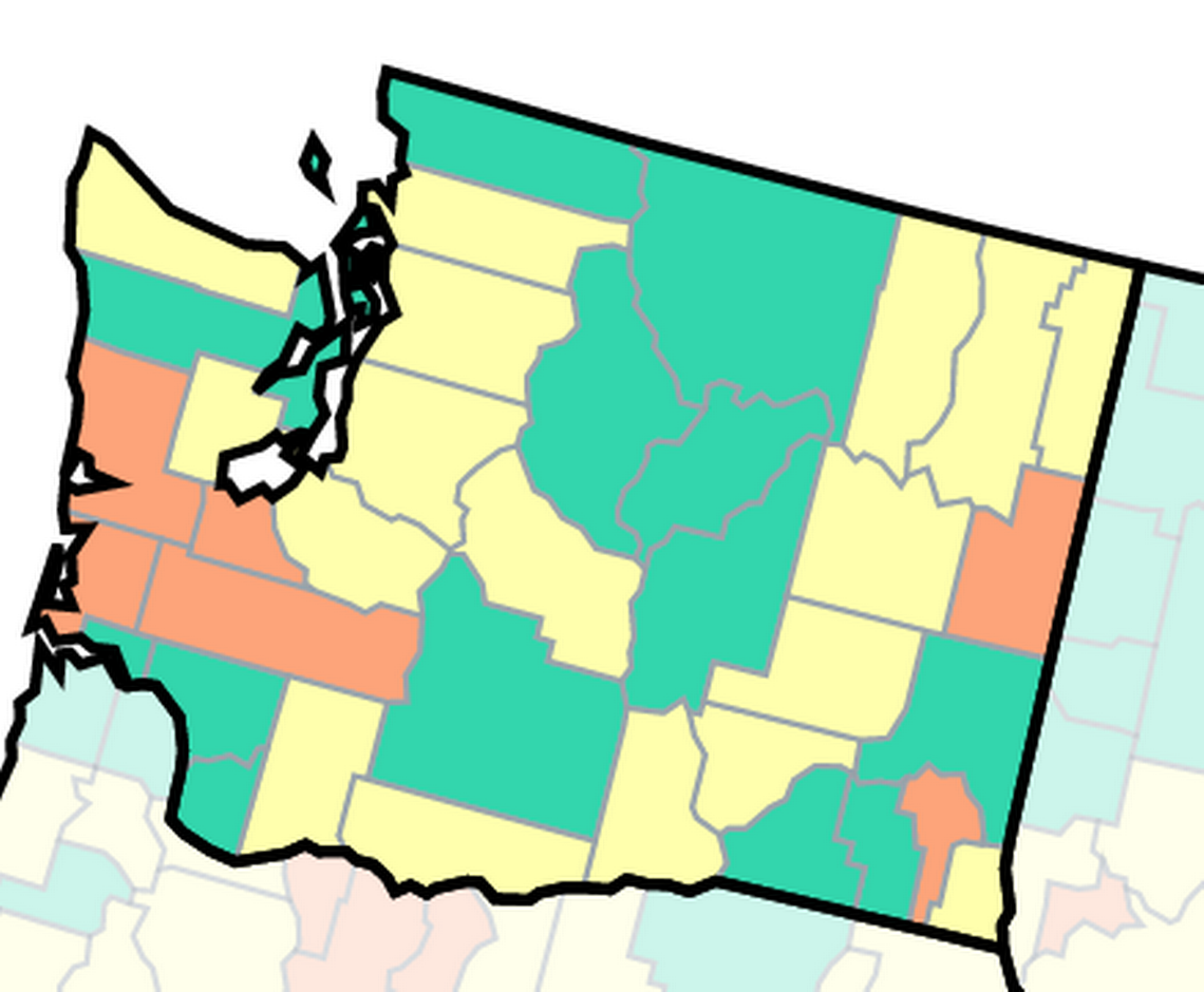 This  June 23 Centers for Disease Control and Prevention map shows Washington counties with low community rates of COVID-19 in green, medium rates in yellow and high rates in orange.