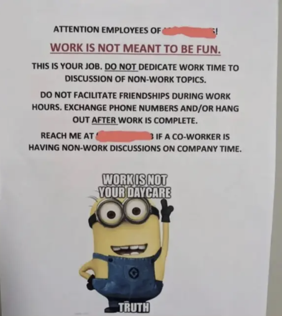 Office poster with text about not doing non-work tasks during work time, featuring a Minion from Despicable Me holding a sign that says "TRUTH"