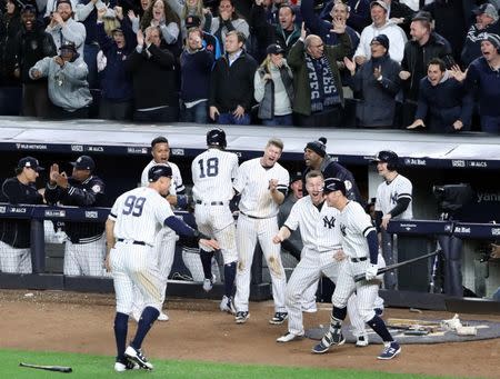 Oct 17, 2017; Bronx, NY, USA; The New York Yankees react during the eighth inning in game four of the 2017 ALCS playoff baseball series against the Houston Astros at Yankee Stadium. Mandatory Credit: Anthony Gruppuso-USA TODAY Sports