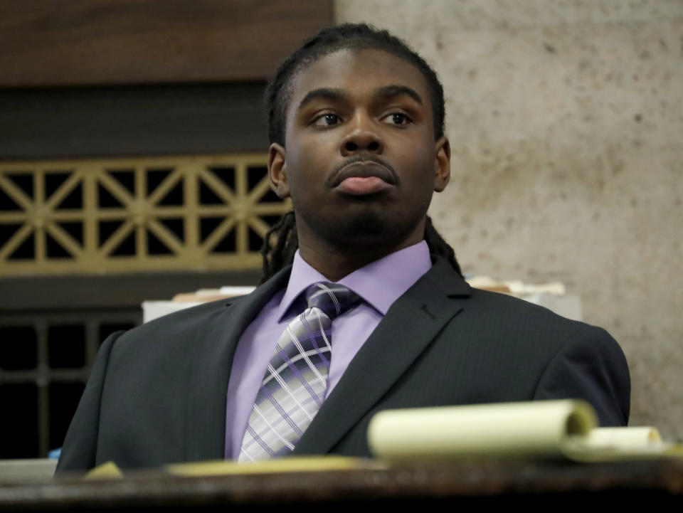 Defendant Micheail Ward listens during the trial for the fatal shooting of Hadiya Pendleton at the Leighton Criminal Court Building in Chicago on Aug. 21, 2018. A state appeals court has ordered a new trial for the man accused of gunning down a Chicago honor student just days after she had performed at Barack Obama's 2013 presidential inauguration. Ward was found guilty in connection with the death of 15-year-old Hadiya Pendleton in 2018 and sentenced to 84 years in prison. The Chicago Sun-Times reports that the 1st District Appellate Court ruled Friday, March 31, 2023 that detectives improperly extracted a confession from Ward during an interrogation after he invoked his right to remain silent. (Jose M. Osorio/Chicago Tribune via AP, Pool)