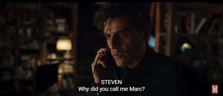 Steven on the phone, looking bewildered, with a subtitle reading, "Why did you call me Marc?"