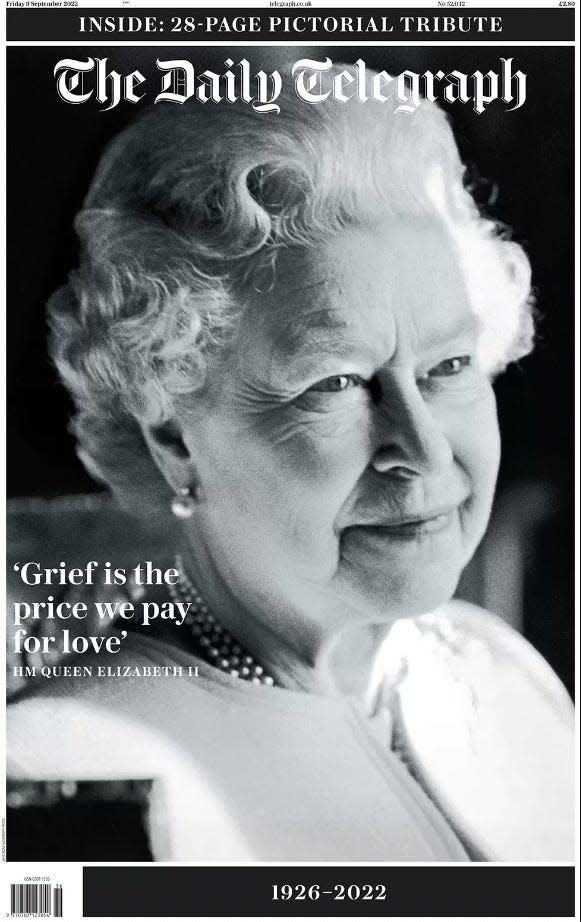 The Daily Telegraph front page on September 9, 2022, marking the death of Queen Elizabeth II.
