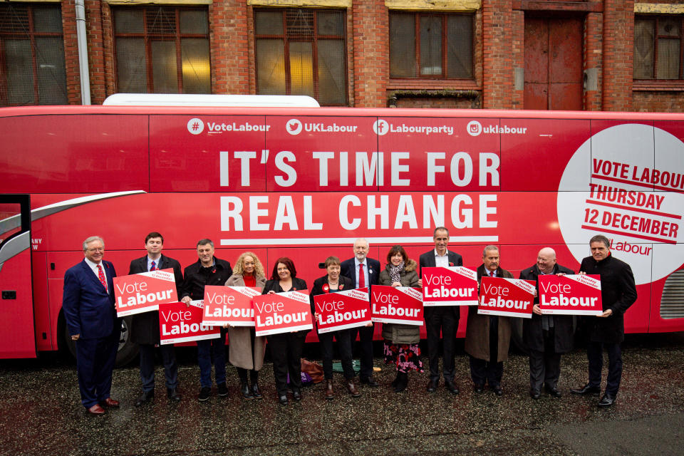 Labour unveils the party battle bus while on the General Election campaign trail in Liverpool, party members including (left to right) Peter Dowd, Dan Carden, Ian Byrne, Kim Johnson, Labour supporter , Maria Eagle, Jeremy Corbyn, Lucy Powell, Bill Esterson, Labour supporter, Joe Anderson, Steve Rotherham. PA Photo. Picture date: Thursday November 7, 2019. See PA story POLITICS Election Labour. Photo credit should read: Jacob King/PA Wire