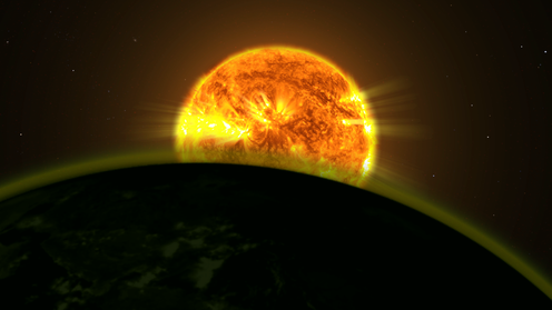 <span class="caption">An exoplanet and its atmosphere pass in front of its star (artist's impression, from an imaginary point near to the planet).</span> <span class="attribution"><a class="link " href="https://www.astrobio.net/also-in-news/new-nasa-study-improves-search-habitable-worlds/" rel="nofollow noopener" target="_blank" data-ylk="slk:NASA Goddard Space Flight Center;elm:context_link;itc:0;sec:content-canvas">NASA Goddard Space Flight Center</a></span>