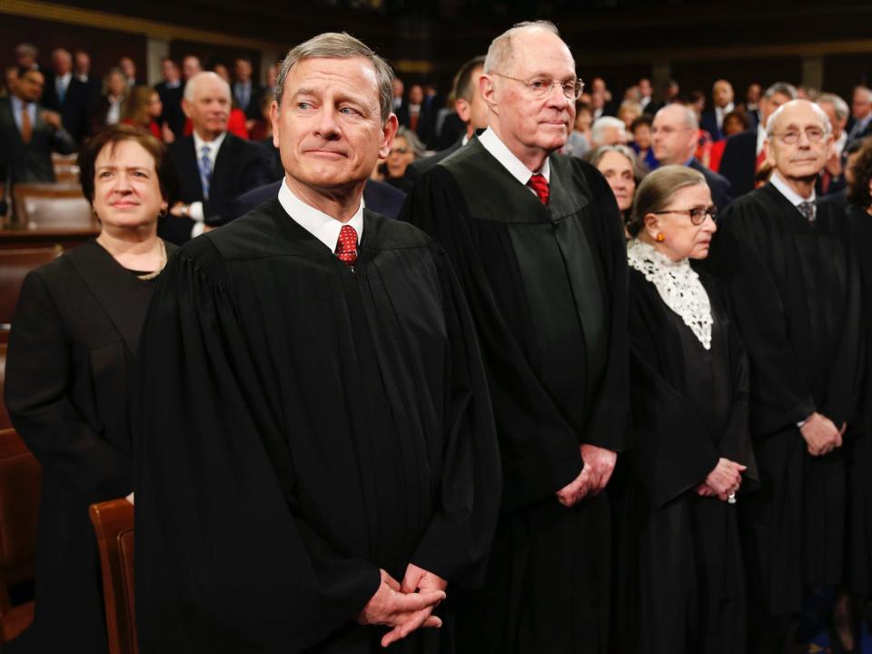 Chief Justice John Roberts, Justice Anthony Kennedy, Justice Ruth Bader Ginsburg, Justice Stephen Breyer, and Justice Sonia Sotomayor arrive before President Barack Obama delivers the State of the Union address to a joint session of Congress on Capitol Hill in Washington, Tuesday, Jan. 12, 2016.