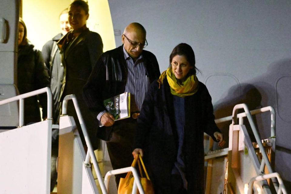 Nazanin Zaghari-Ratcliffe and Anoosheh Ashoori disembark from the plane at RAF Brize Norton .