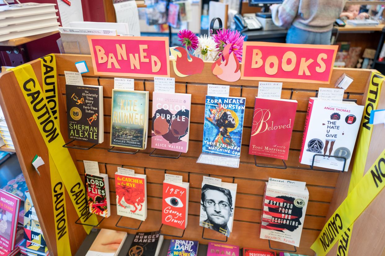 A display of banned or censored books at an independent bookstore in Alameda, Calif., in  2021. 