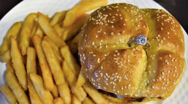 The diamond ring is baked into the burger's bun. Source: Facebook/ Pauli's Northend