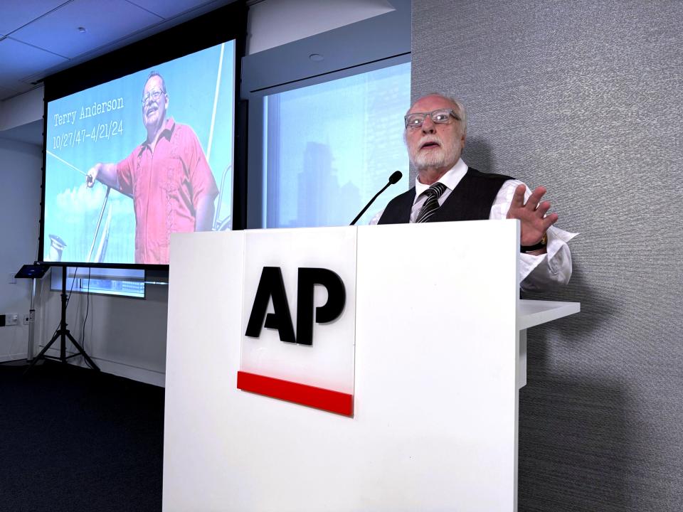 Brian Keenan speaks during a memorial gathering for Terry Anderson at the Associated Press headquarters in New York, Wednesday, May 8, 2024. Keenan, originally from Belfast, who was teaching English in Beirut when he was kidnapped and later found himself in a cell with Anderson. (AP Photo/Cedar Attanasio)