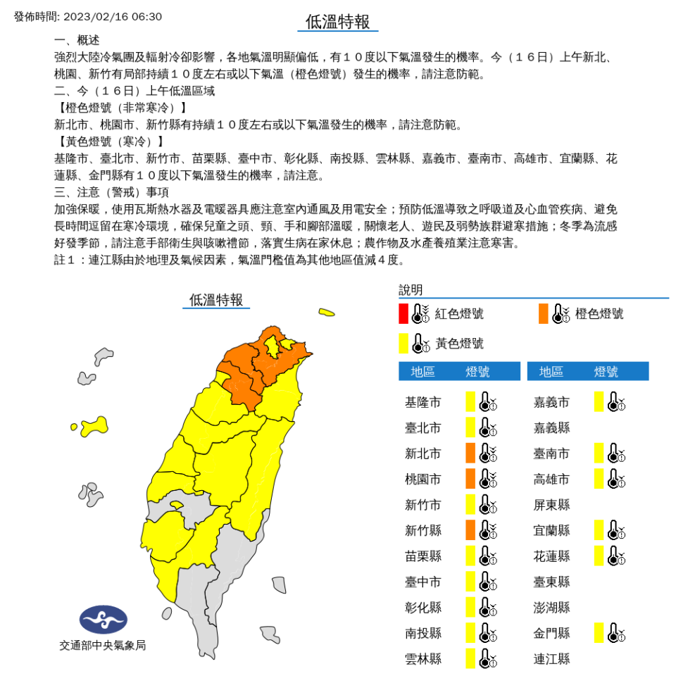 從基隆市到中彰投，再往南的雲林縣、嘉義市、臺南市、高雄市，與東部宜蘭縣、花蓮縣等，今天都有攝氏10度以下氣溫發生的機率，請注意保暖。   圖：中央氣象局/提供