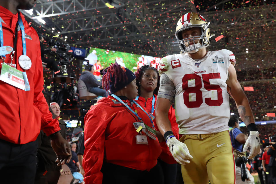 George Kittle #85 of the San Francisco 49ers reacts after losing to the Kansas City Chiefs 31-20 in Super Bowl LIV at Hard Rock Stadium on February 02, 2020 in Miami, Florida. (Photo by Maddie Meyer/Getty Images)