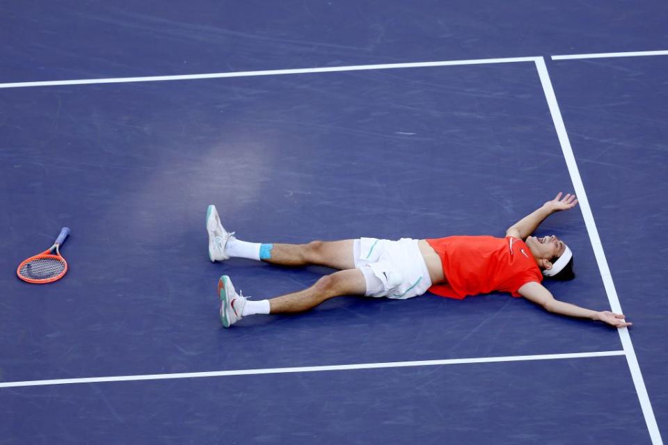 taylor fritz celebrates match point against rafael nadal of spain during the mens final